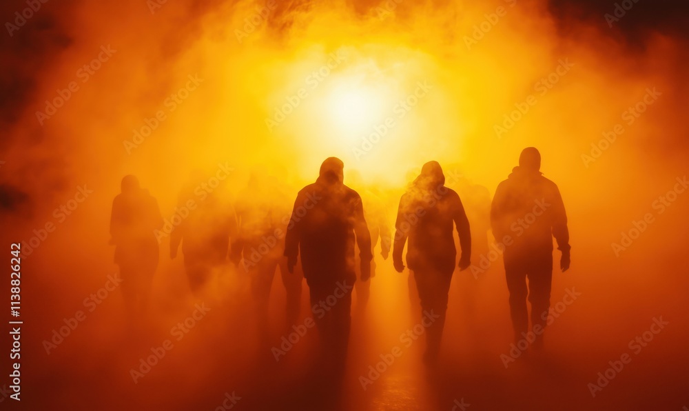 Mysterious figures in fog, illuminated by orange light, creating an eerie atmosphere. Shadows of individuals walking forward, shrouded in mist. Mysterious figures in fog, illuminated by orange light, creating an eerie atmosphere. Shadows of individuals walking forward, shrouded in mist.