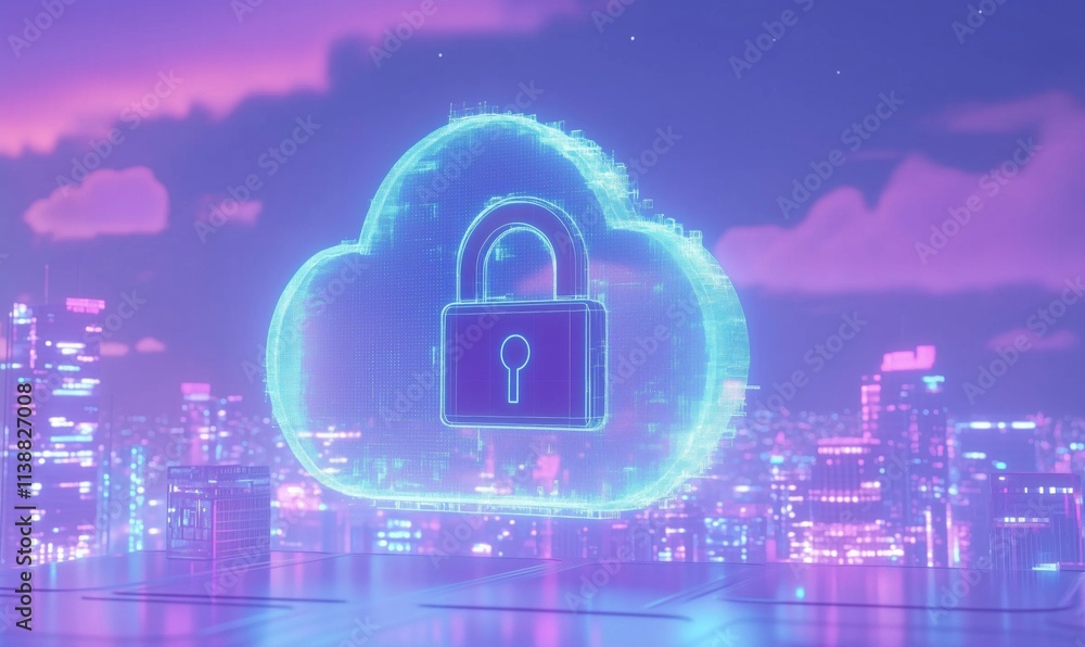 Cloud security with digital lock, futuristic cityscape background, glowing neon colors Cloud security with digital lock, futuristic cityscape background, glowing neon colors