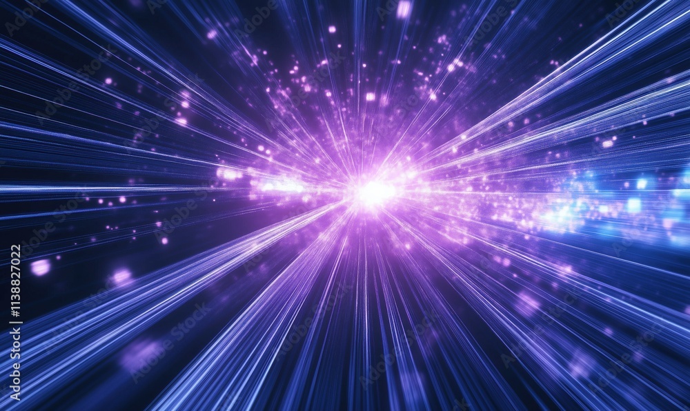 Vibrant light rays emanating from center, creating cosmic effect. Bright purple and blue colors, dynamic motion, abstract design, starry background. Vibrant light rays emanating from center, creating cosmic effect. Bright purple and blue colors, dynamic motion, abstract design, starry background.
