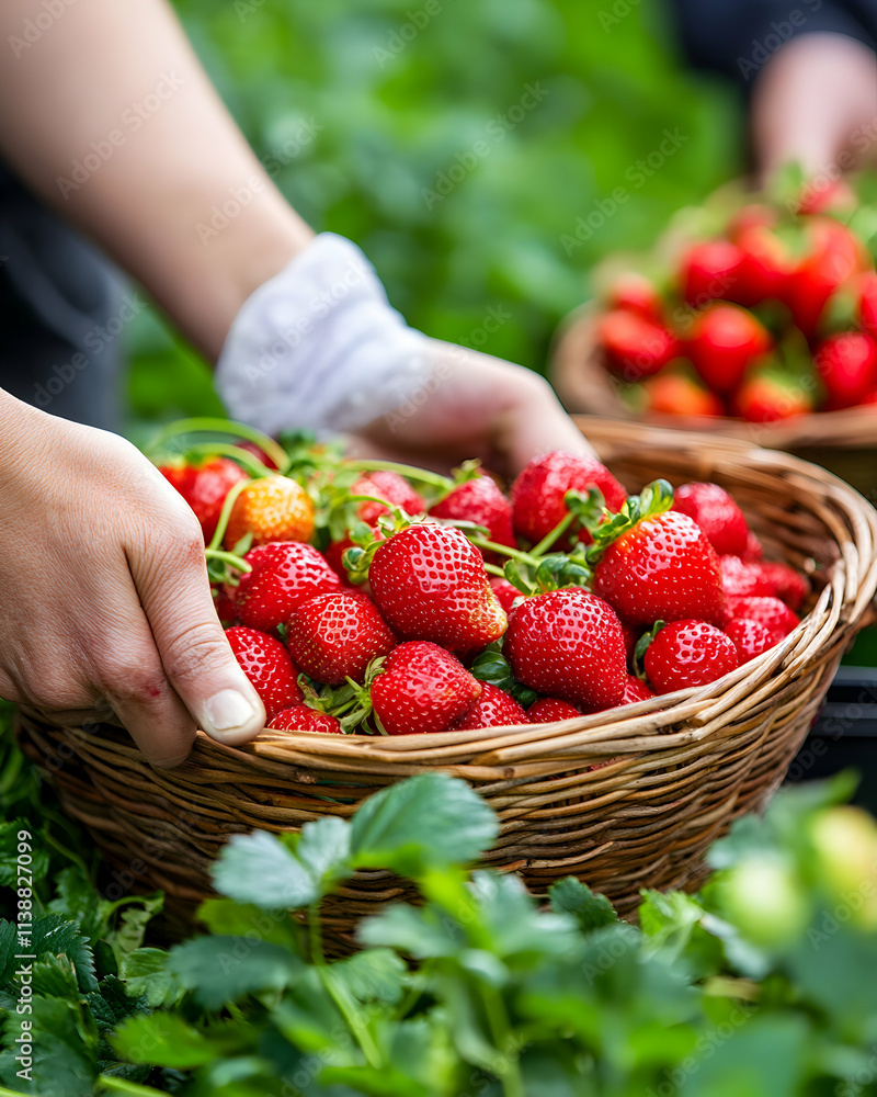 Freshly picked strawberries in a wicker basket, held by a farmer's hands. A vibrant image of summer harvesting. Freshly picked strawberries in a wicker basket, held by a farmer's hands. A vibrant image of summer harvesting.