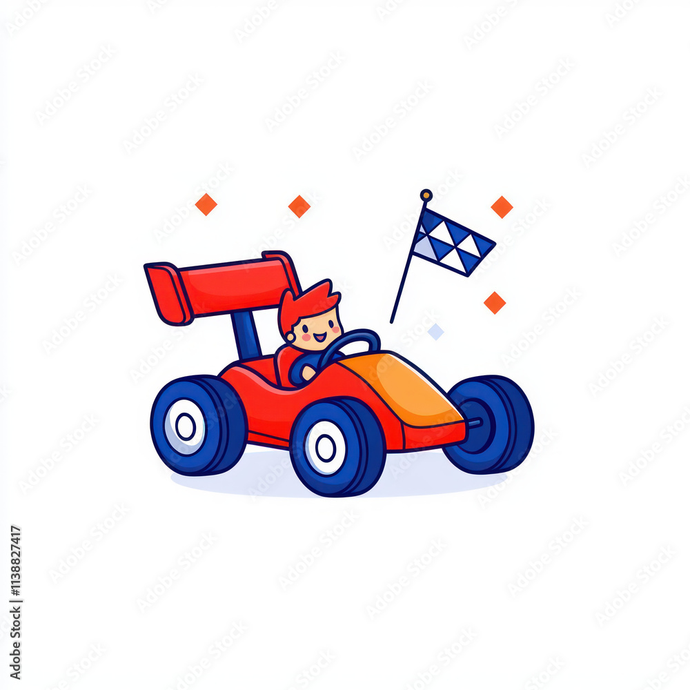 Fototapeta premium cute cartoon character driving red race car with flag