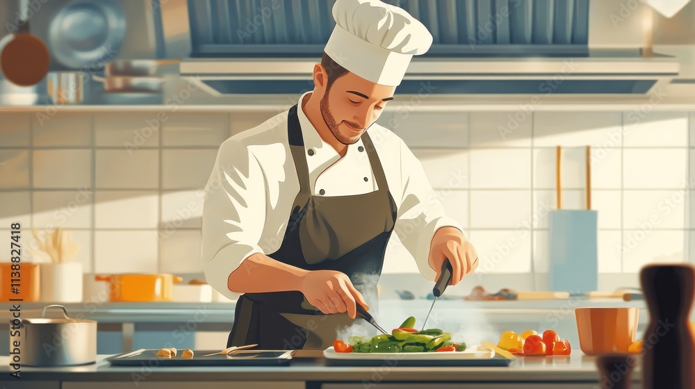 Chef preparing vegetables on a stove in a professional kitchen. Chef preparing vegetables on a stove in a professional kitchen.