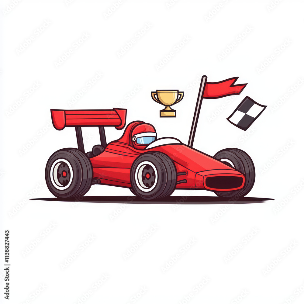 vibrant red racing car with trophy and flag, symbolizing victory and speed vibrant red racing car with trophy and flag, symbolizing victory and speed