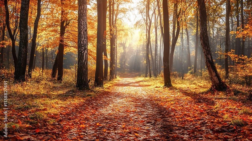 Obraz premium Autumn Forest Path. Sunlight through the trees. Concept of peace, tranquility, and nature.
