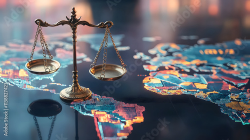 A global finance law concept with scales of justice overlaid on a world map filled with stock market symbols