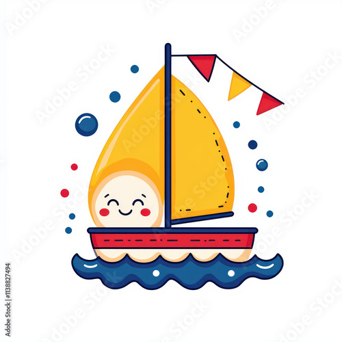 Cute cartoon sailboat with smiling character, colorful flags, and waves. Perfect for children s and playful designs photo