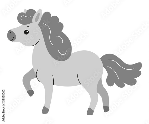 Cute gray pony with curly mane prancing happily in a cartoon style illustration
