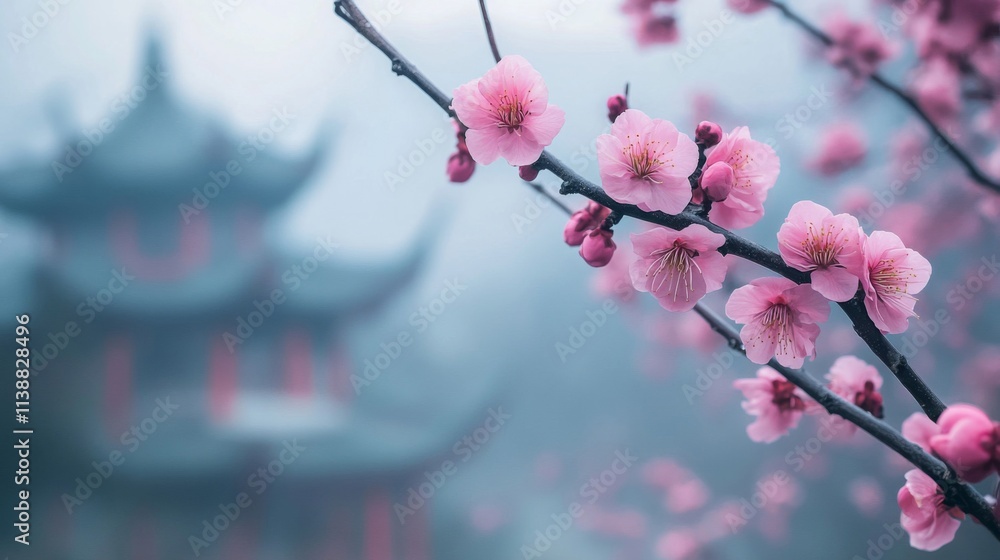 Pink Plum Blossoms Branching Out Near Pagoda Pink Plum Blossoms Branching Out Near Pagoda