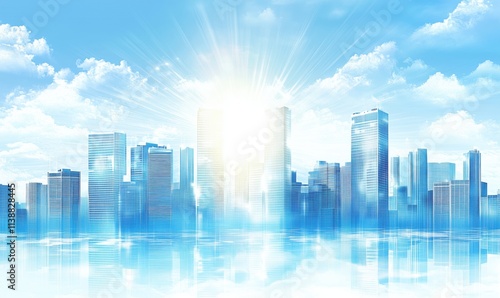 Bright city skyline reflection, modern skyscrapers, blue sky, clouds, sunlight, urban landscape, serene atmosphere