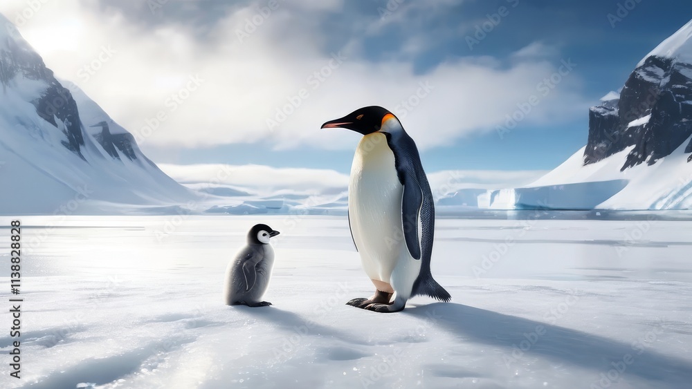 Obraz premium A baby penguin stands next to an adult penguin in the snow