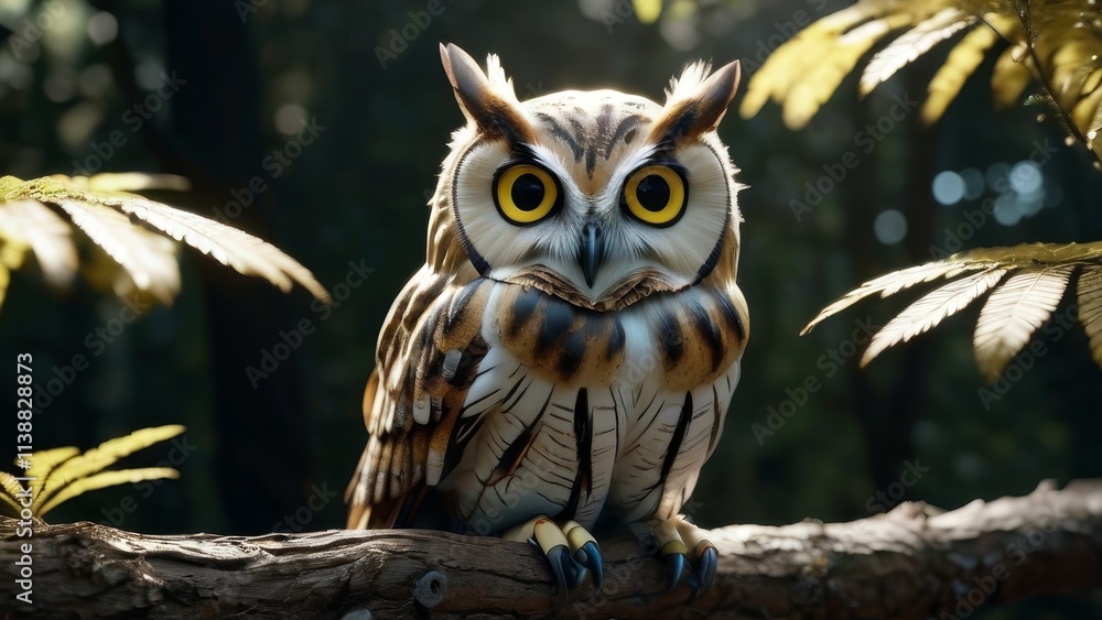 A brown and white owl is perched on a branch in a forest A brown and white owl is perched on a branch in a forest