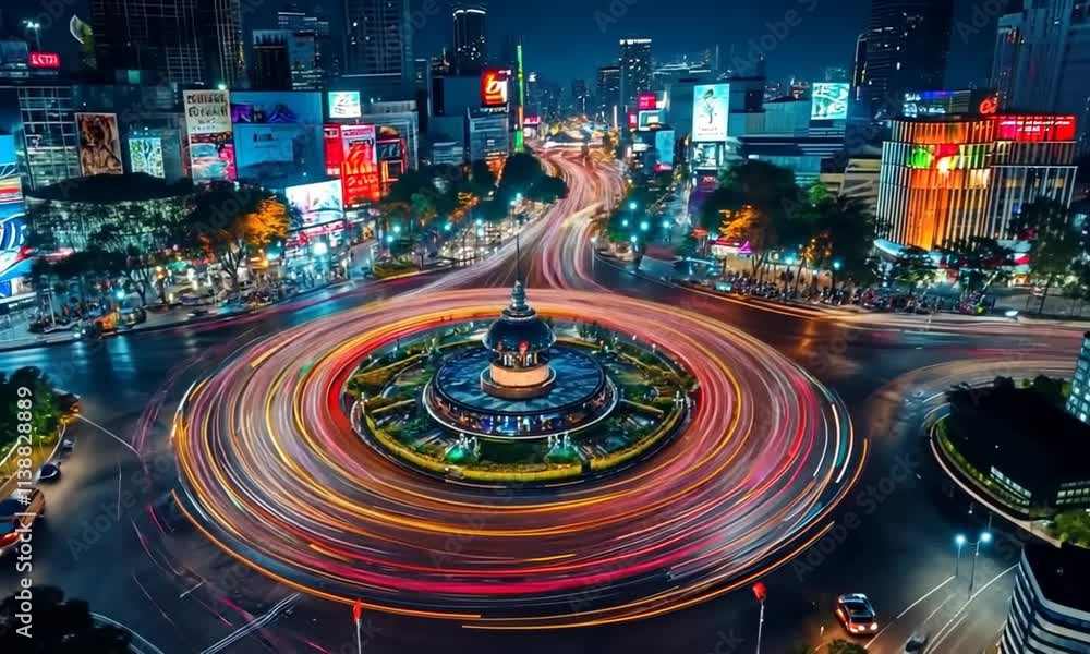 Light trails around a roundabout in a city at night.