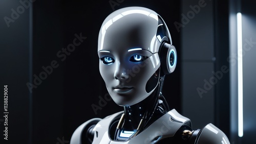 A robot with blue eyes and a white face