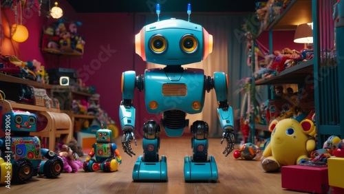 A robot is standing in front of a bunch of toys