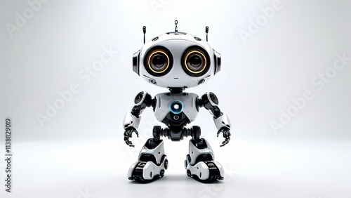 A robot with big eyes stands in front of a white background