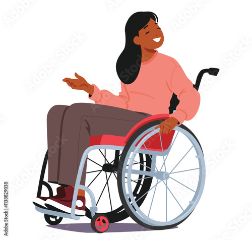 Happy smiling inclusive woman cartoon character with disability using wheelchair for movement