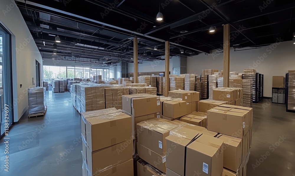 Warehouse interior filled with stacked cardboard boxes, organized storage space, large windows, modern design Warehouse interior filled with stacked cardboard boxes, organized storage space, large windows, modern design