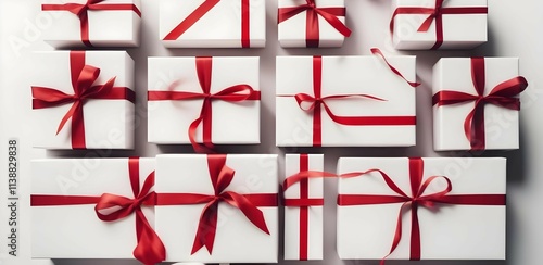 White gift box with red ribbon Top view