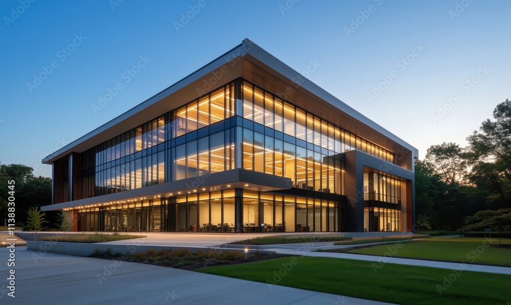 Modern architectural building with glass facade, sleek design, illuminated interior, surrounded by greenery, evening setting Modern architectural building with glass facade, sleek design, illuminated interior, surrounded by greenery, evening setting