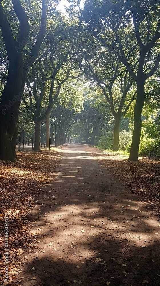 Fototapeta premium Serene pathway through a tree-lined forest with dappled sunlight.