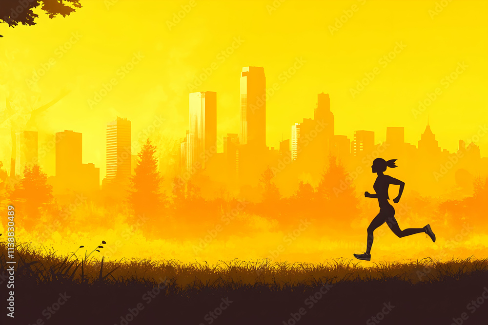 A runner\'s silhouette jogs along a path, framed by an orange sunset and city skyline A runner\'s silhouette jogs along a path, framed by an orange sunset and city skyline