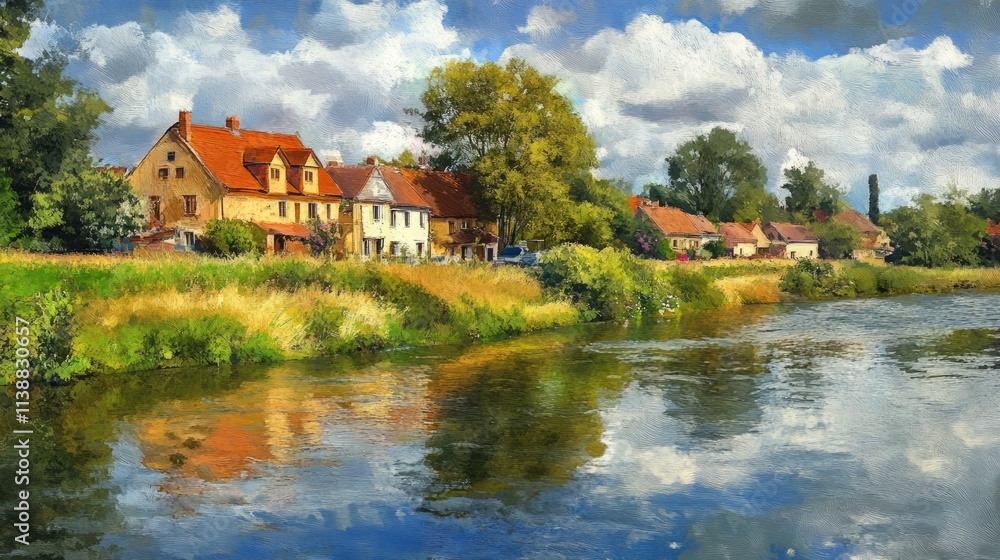 Rural houses by river, sunny day, painting style. Rural houses by river, sunny day, painting style.