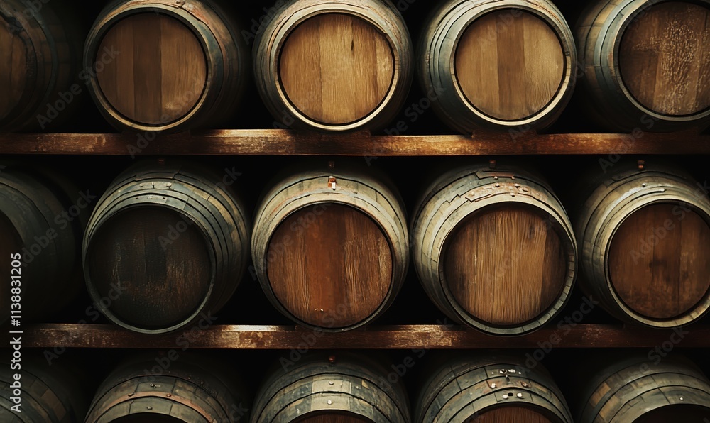 Wooden barrels stacked on shelves, rustic storage, aged wood, wine or whiskey aging process Wooden barrels stacked on shelves, rustic storage, aged wood, wine or whiskey aging process