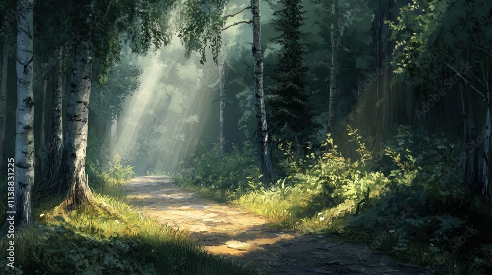 Obraz premium Sunlit Forest Path: A Digital Painting of Tranquil Nature