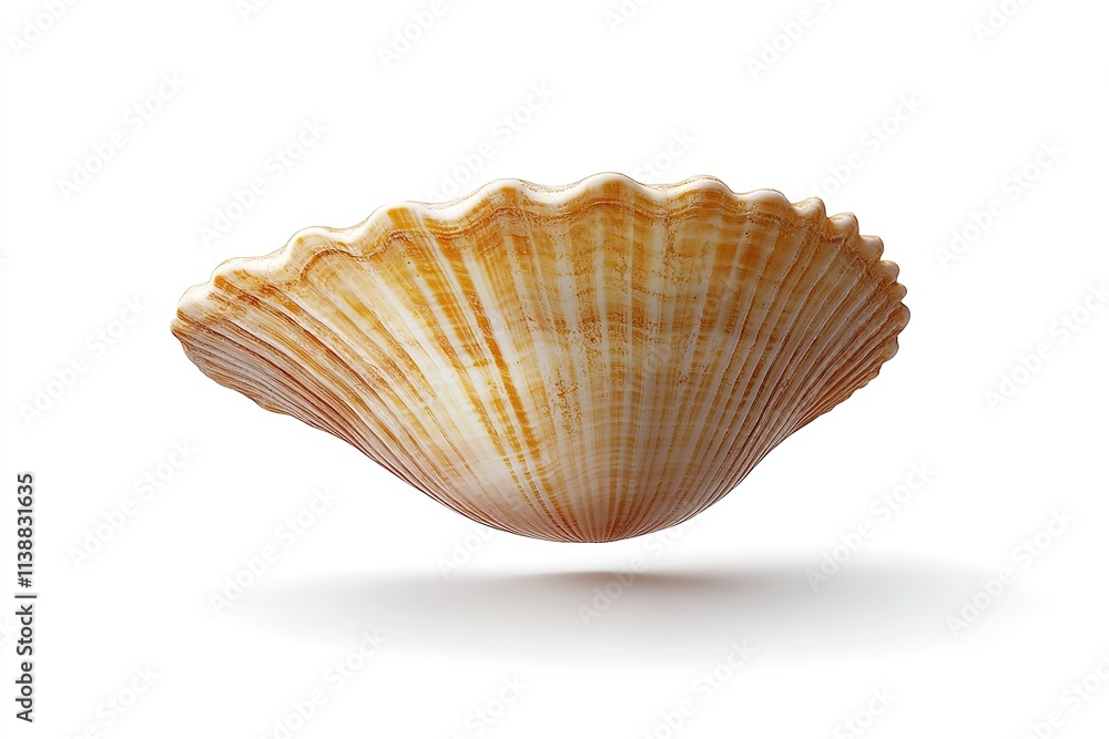 Isolated scallop shell with distinct ridges and patterns Isolated scallop shell with distinct ridges and patterns