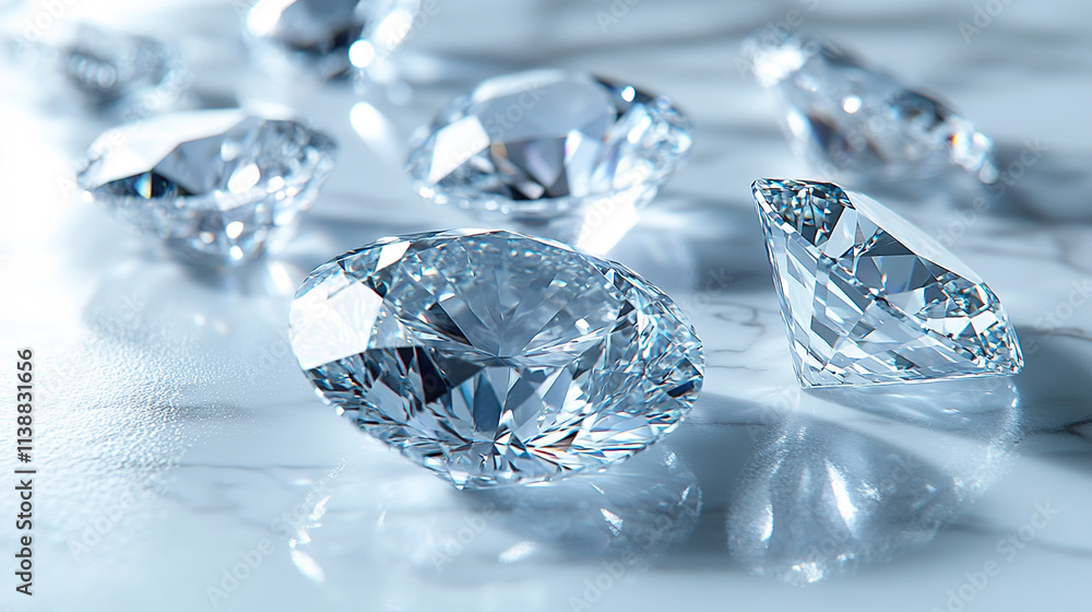 Glimmering cut diamonds scattered on a reflective surface in a light-filled setting Glimmering cut diamonds scattered on a reflective surface in a light-filled setting