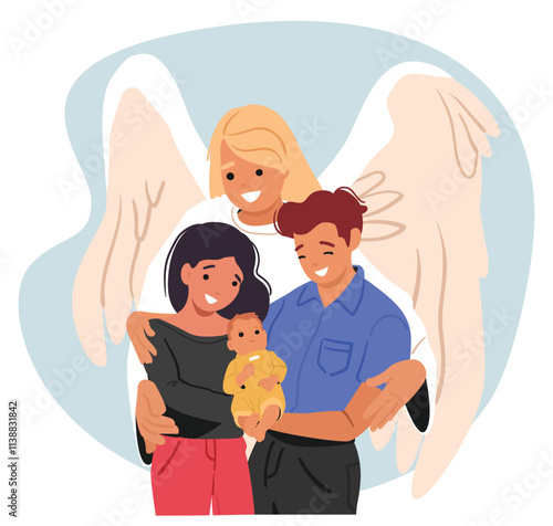Angel guardian protecting young family with child hugging parents and little newborn baby scene