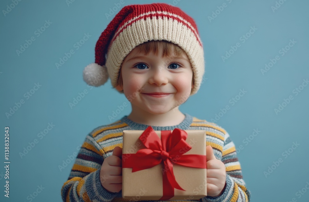 Smiling little boy wearing a festive Christmas hat holding a beautifully wrapped gift with a red ribbon Smiling little boy wearing a festive Christmas hat holding a beautifully wrapped gift with a red ribbon