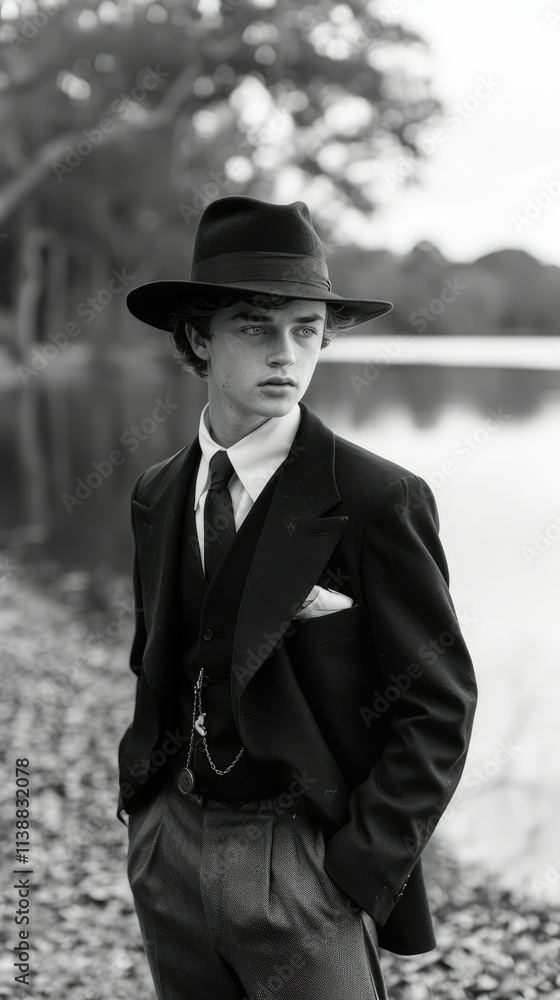 A young man in formal attire poses by a serene lakeside in black and white. A young man in formal attire poses by a serene lakeside in black and white.