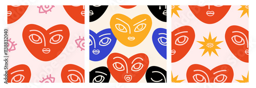 A set of seamless patterns with heart faces in  boho style. Mystical and magic. Abstract retro heart pattern.