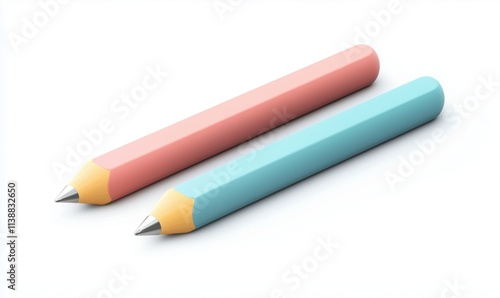 Colored pencils pink blue, two pencils with sharpened tips, smooth surfaces, minimalistic design, isolated on white background photo