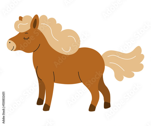 Cute brown pony with curly mane standing peacefully in a cheerful illustration