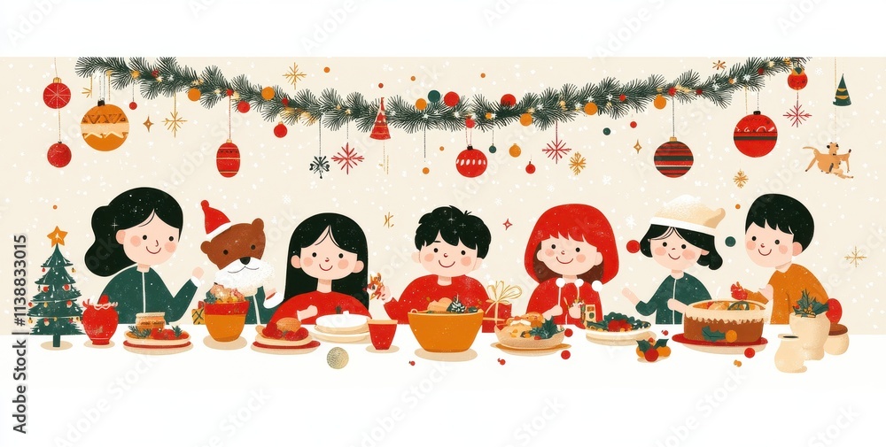 Fototapeta premium A joyful Christmas dinner gathering featuring a cheerful family sharing a festive meal with delicious food and holiday decorations