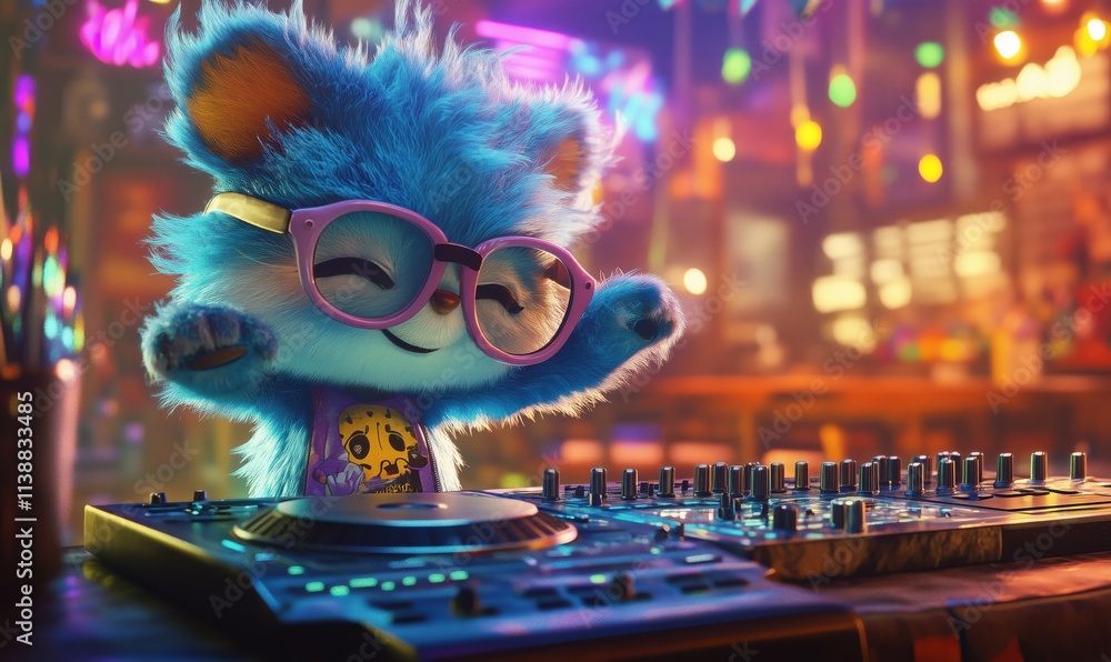Cute blue DJ cat character mixing music, vibrant colors, playful atmosphere, glasses, colorful lights, lively setting Cute blue DJ cat character mixing music, vibrant colors, playful atmosphere, glasses, colorful lights, lively setting