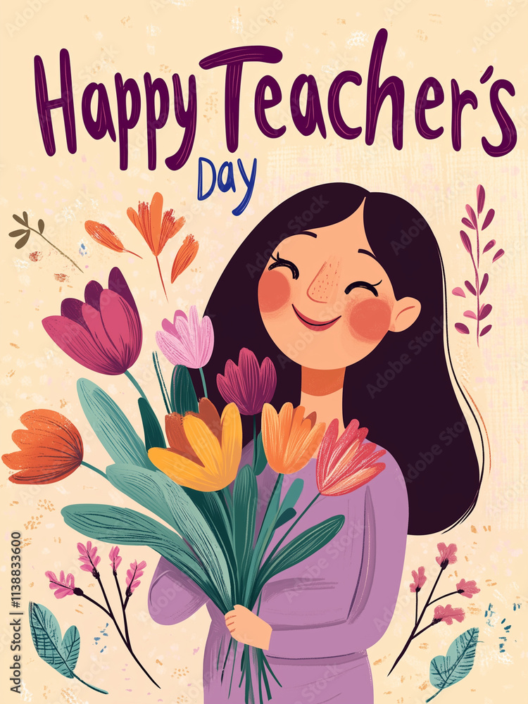 happy teacher's day cute cartoon teacher with flowers. ready to print as a 6x8 inch card , at 300 DPI, for high-quality results when printed. happy teacher's day cute cartoon teacher with flowers. ready to print as a 6x8 inch card , at 300 DPI, for high-quality results when printed.