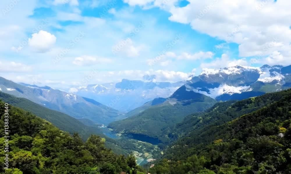 Scenic mountain landscape with lush greenery and snowy peaks. Scenic mountain landscape with lush greenery and snowy peaks.