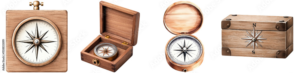 Path of beginning, start, exploration, A wooden compass presented in various views, showcasing its intricate design and elegant casing. Path of beginning, start, exploration, A wooden compass presented in various views, showcasing its intricate design and elegant casing.