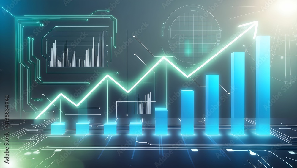 Naklejka premium Abstract Futuristic Concept Symbolizing Success and Achievement with Glowing Arrows, Rising Charts, and Digital Circuit Lines, High-Tech Background Neon Blue White and Green Glows 