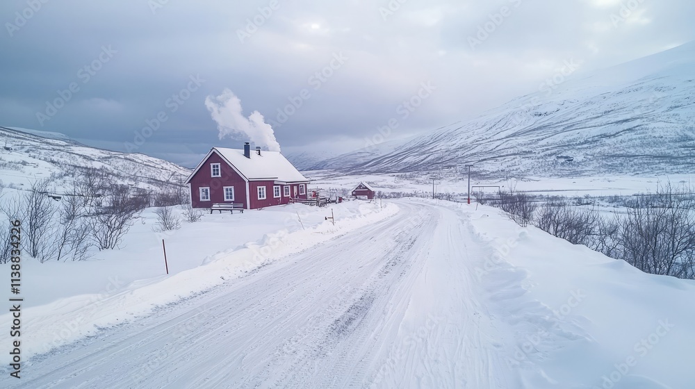 Snow-covered road leading to a cozy red house in a mountainous landscape. Snow-covered road leading to a cozy red house in a mountainous landscape.