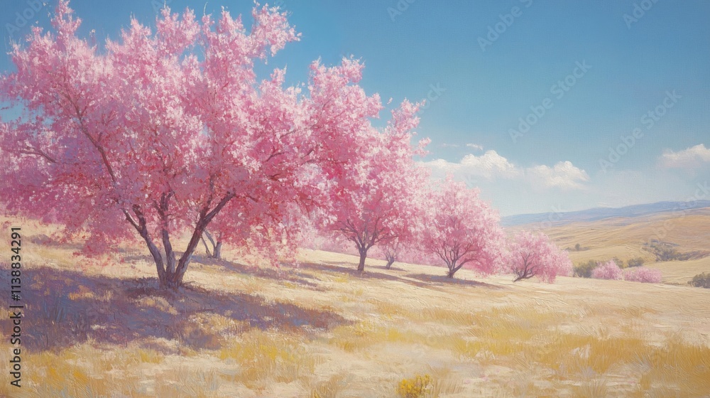 Pink Blossom Trees Grace a Sunny Hillside Landscape Pink Blossom Trees Grace a Sunny Hillside Landscape