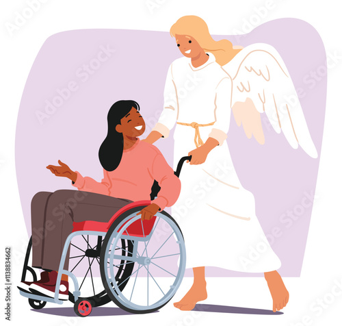 Angel life keeper biblical holy character supporting and caring for inclusive woman in wheelchair