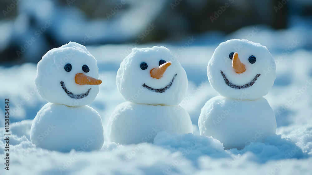 Happy, whimsical marshmallow snowmen perched on snow. Happy, whimsical marshmallow snowmen perched on snow.