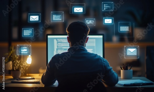 Digital communication and technology concept, person working at computer, illuminated screen, email notifications, coding, modern workspace photo