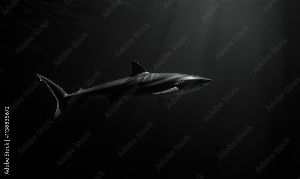 Shark swimming in dark water, ethereal light rays illuminating body, showcasing grace and power Shark swimming in dark water, ethereal light rays illuminating body, showcasing grace and power