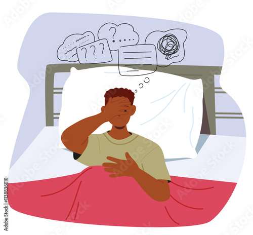 Young man cartoon character having sleepless problem suffering from frustration and hard thoughts
