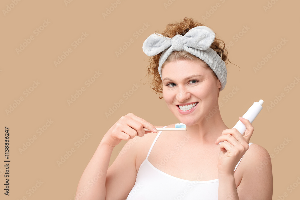 Beautiful young happy woman with toothbrush and paste on brown background